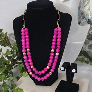 Barbie Pink Glass Bead Double Strand Paperclip Chain Necklace Earrings Set